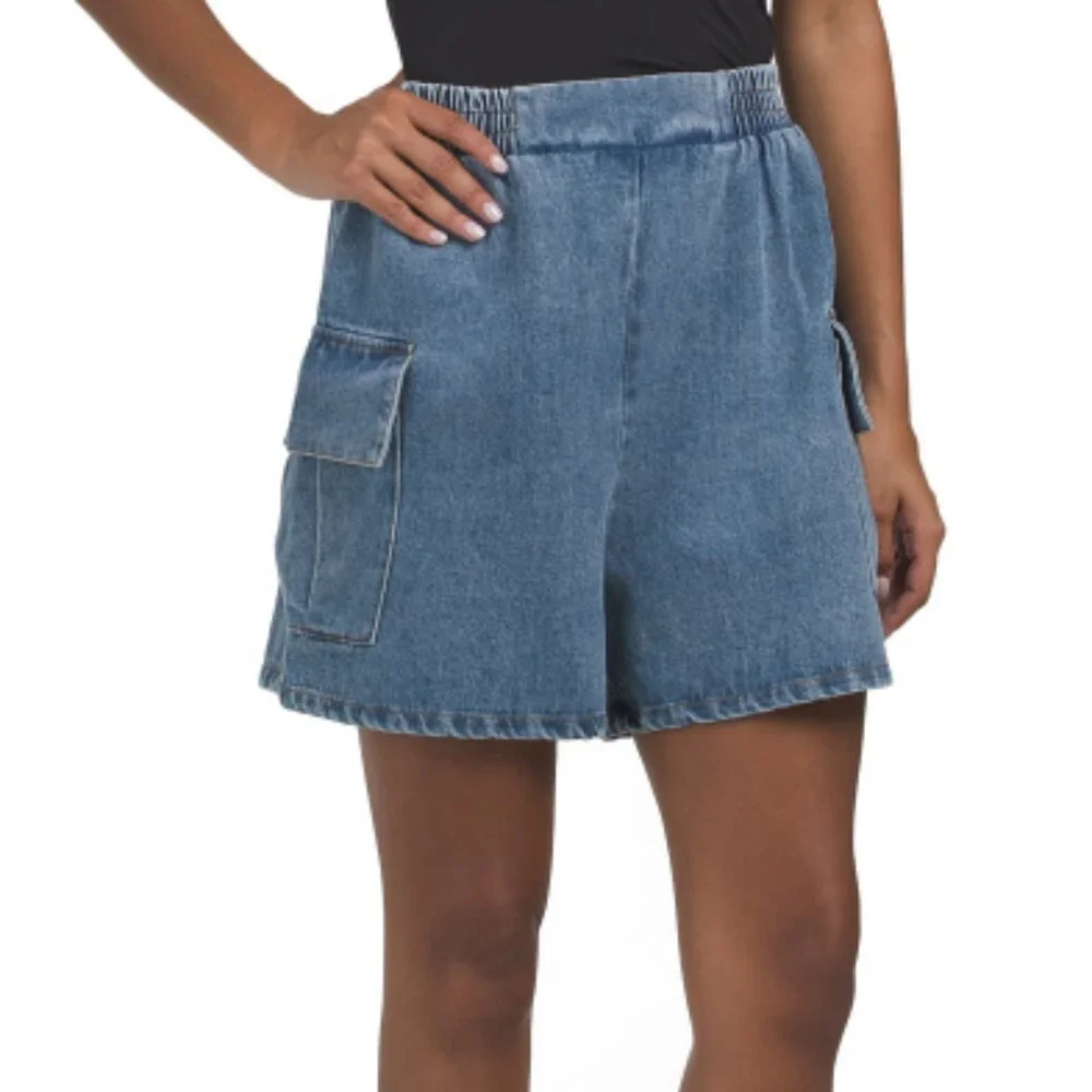 GRACIA Flap Pocket Elastic Waist Denim Shorts - Picture 1 of 5